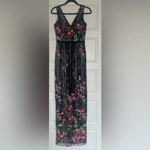 NWT MARCHESA NOTTE Black Floral Embroidered Beaded Velvet Bow Long Dress  Gown 0 - threedaughtersproperties.com